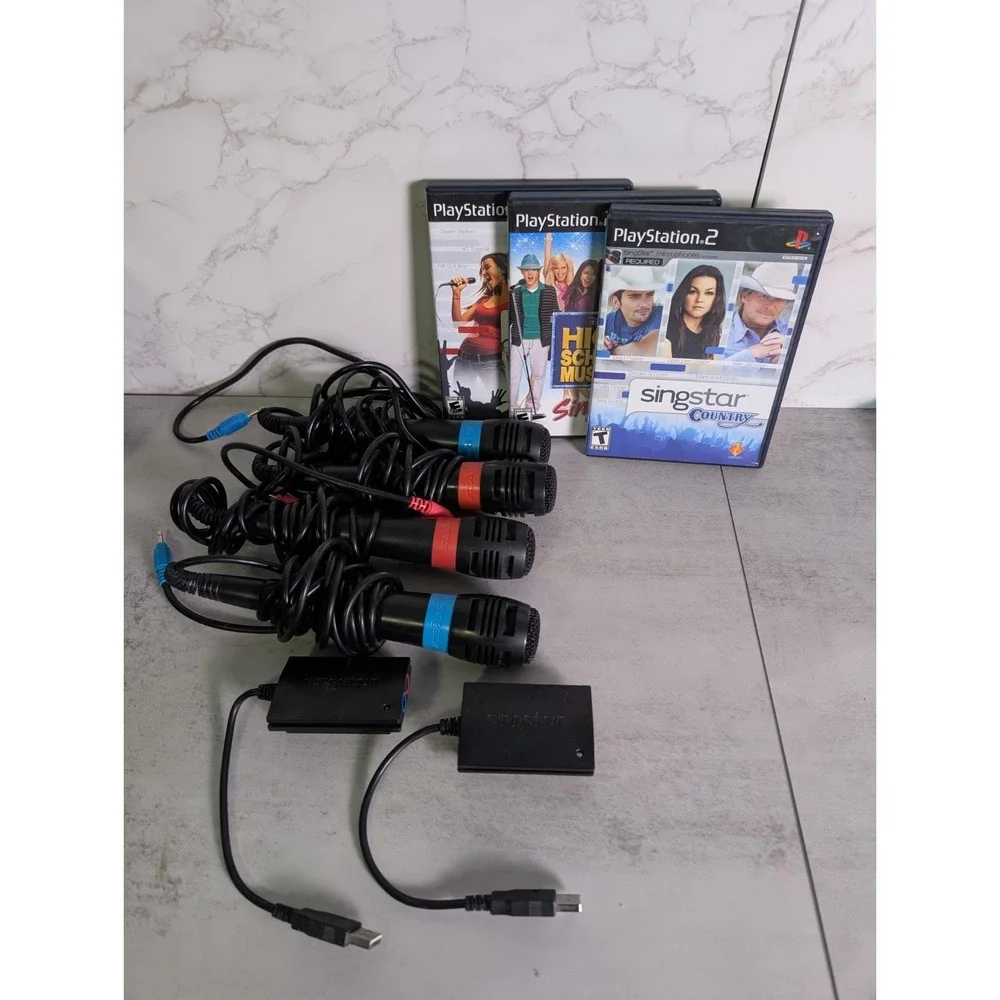 PS2 SingStar Bundle w/ 4Microphones USB Adapter & 3 Games Tested & Working